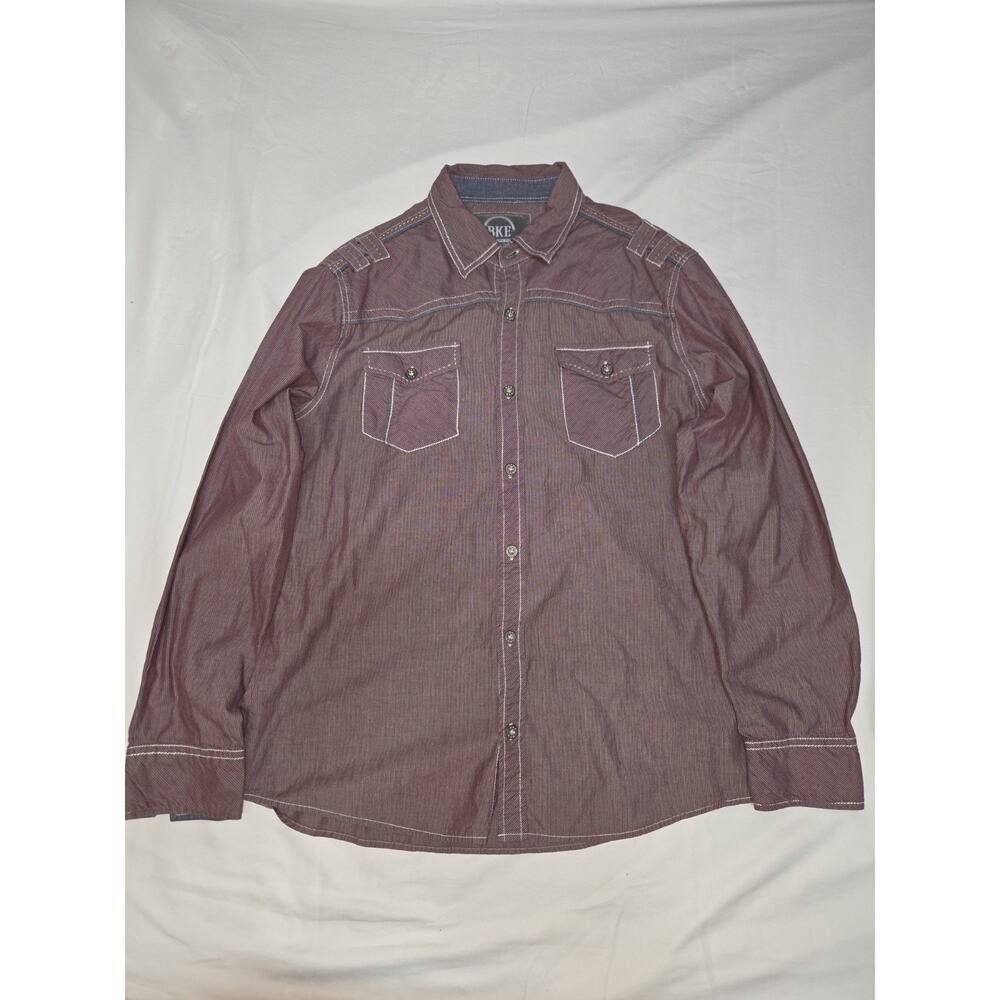 BKE Mens Large Tailored Fit Maroon And Black Striped Button Down